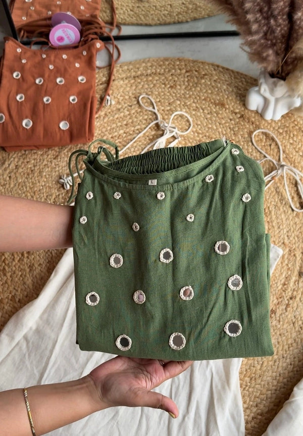SIPI GREEN STRAPPY MIRROR WORK KURTI WITH PLAZZO